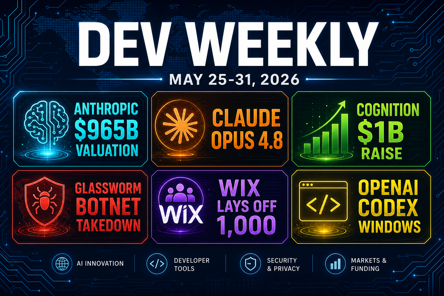 Dev Weekly May 25-31, 2026: Anthropic Hits $965B, Claude Opus 4.8 Ships, Cognition Raises $1B, Glassworm Botnet Goes Down, Wix Cuts 1,000